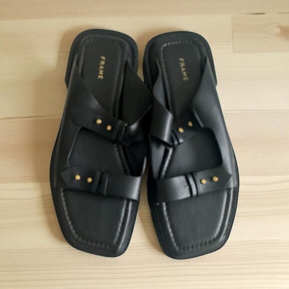 FRAME Black & Gold Leather Flats Sandals Size 40 / US 10 - Picture 1 of 8